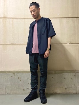 「green label relaxing（グリーンレーベルリラクシング）のT/W トロ バギー バンドカラー 半袖 シャツ ＜ 機能性 / ストレッチ ウォッシャブル ＞（シャツ/ブラウス、ブルー系）」を使った、hayashi10544さん（メンズ・174cm）の夏コーディネート