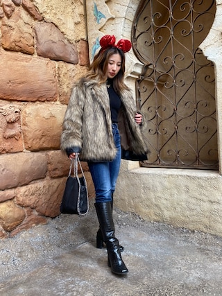 ファー×レザーコンビブルゾン ENVYM スタンドカラーファーブルゾン