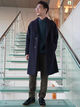 「green label relaxing（グリーンレーベルリラクシング）のアイテム（チェスターコート）」を使った、Tomoaki Hondaさん（メンズ・171cm）の冬コーディネート