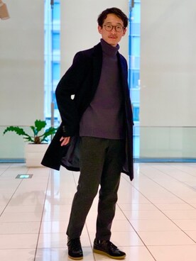 「green label relaxing（グリーンレーベルリラクシング）のアイテム（チェスターコート）」を使った、Tomoaki Hondaさん（メンズ・171cm）の冬コーディネート