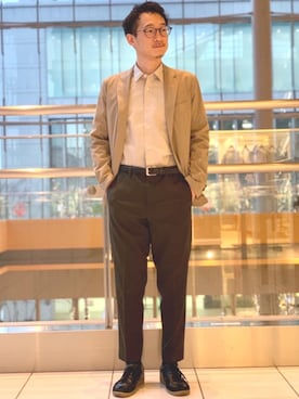 「green label relaxing（グリーンレーベルリラクシング）のレザー メッシュ 30 ベルト（ベルト）」を使った、Tomoaki Hondaさん（メンズ・171cm）の冬コーディネート