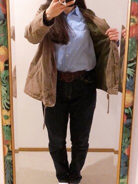 「Honeys（ハニーズ）のデニムテーパードパンツ（デニムパンツ）」を使った、わんちゃんさん（レディース・153cm）の春コーディネート