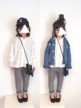 「レースブラウス」｜「アイテム（デニムジャケット）」を使った、aya＊tomoさん（キッズ・110cm）の冬コーディネート