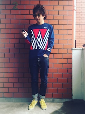 「White Mountaineering」｜「アイテム（スウェット）」を使った、sinziwearさん（メンズ・183cm）の春コーディネート