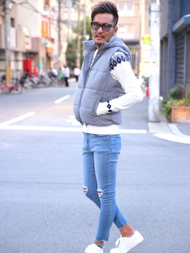 「アイテム（ダウンベスト）」を使った、LUX STYLE staffさん（メンズ・180cm）の秋コーディネート