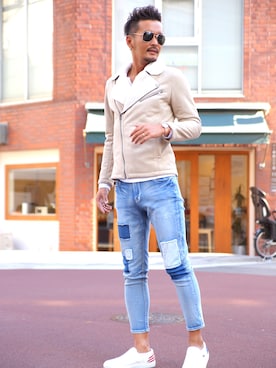 「ムートン」｜「アイテム（ライダースジャケット）」を使った、LUX STYLE staffさん（メンズ・180cm）の冬コーディネート