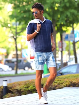 ニット セーターを使った デニムショートパンツ のメンズ人気ファッションコーディネート Wear