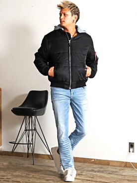 「リゾートスタイル」｜「アイテム（MA-1）」を使った、LUX STYLE staffさん（メンズ・180cm）の冬コーディネート