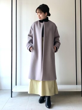 「green label relaxing（グリーンレーベルリラクシング）のアイテム（ノーカラーコート）」を使った、KOUDAさん（レディース・152cm）の冬コーディネート