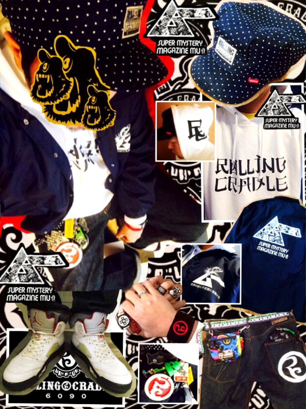 「ロリクレ、ローリングクレイドル、ROLLINGCRADLE、漢字、パーカー、コーチジャケット、月刊ムー、NIKE、Jordan」｜「ROLLING CRADLEのアイテム（キャップ、ブルー系）」を使った、きのこ＠毒x毒x毒さん（メンズ・180cm）の冬コーディネートの1枚目の写真