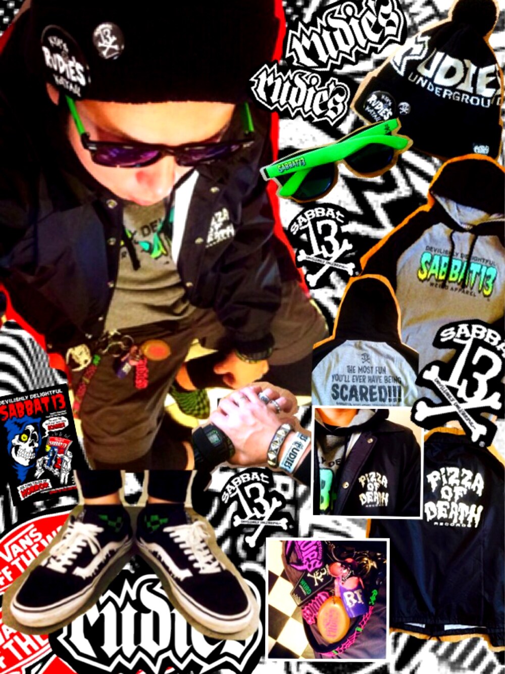 「RUDIE'S、SABBAT13、Pizza Of Death、ユニクロ、ニット帽、パーカー、コーチジャケット、短パン、レギンス、MXMXM×VANS」｜「RUDIE'Sのアイテム（ニットキャップ/ビーニー、ブラック系）」を使った、きのこ＠毒x毒x毒さん（メンズ・180cm）の春コーディネートの1枚目の写真