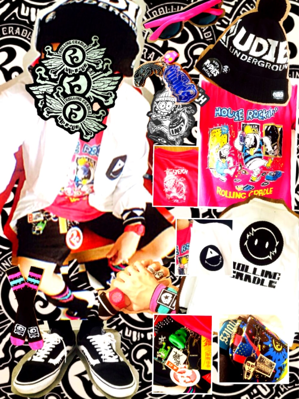 「ロリクレ、RUDIE'S、ピンク×白、コーチジャケット、短パン、ハイソックス、MXMXM、マモミ、VANS」｜「RUDIE'Sのアイテム（ニットキャップ/ビーニー、ブラック系）」を使った、きのこ＠毒x毒x毒さん（メンズ・180cm）の春コーディネートの1枚目の写真