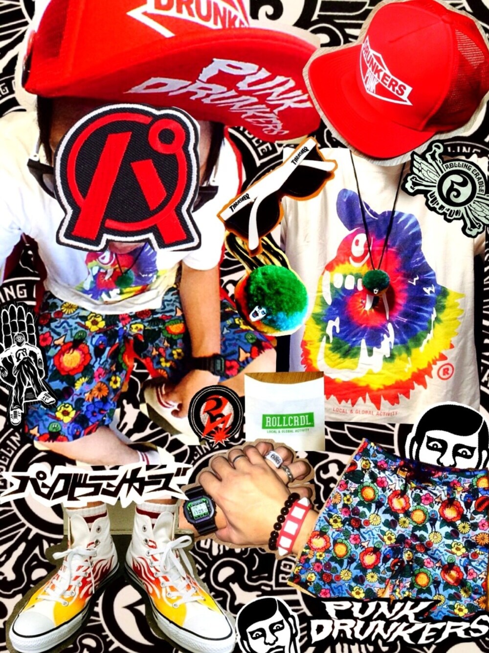 「パンクドランカーズ、ロリクレ、タイダイ柄、派手柄、コンバース、ファイヤーパターン、フレイム柄、THRASHER、MXMXM、G-SHOCK」｜「PUNK DRUNKERSのアイテム（キャップ、レッド系）」を使った、きのこ＠毒x毒x毒さん（メンズ・180cm）の夏コーディネートの1枚目の写真