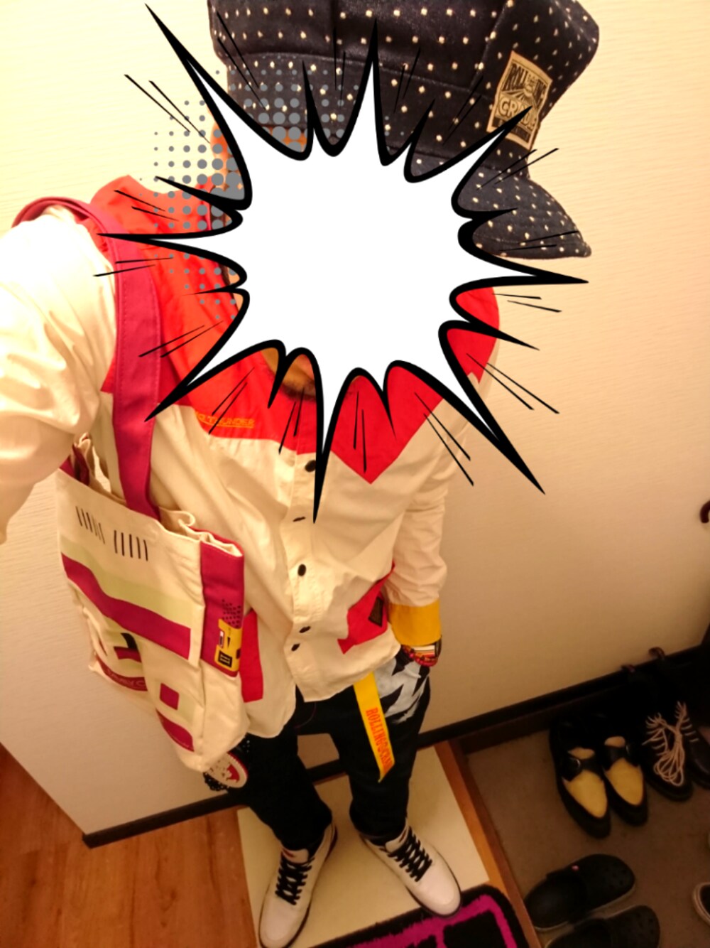 「ROLLINGCRADLE、ロリクレ、THUNDERBOX、ROLLINGTHUNDER、ファミコン、WARP osaka、コラボ、サルエルパンツ、NIKE、Jordan」｜「ROLLING CRADLEのアイテム（キャップ、ブルー系）」を使った、きのこ＠毒x毒x毒さん（メンズ・180cm）の秋コーディネートの1枚目の写真