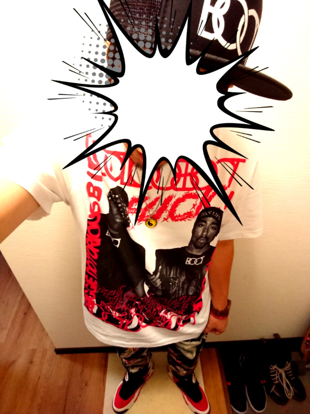 「BOOTCOUTURE、2PAC、トゥパック、THE NOTORIOUS B.I.G、ビギー、ROLLINGCRADLE、ロリクレ、NIKE、エアミッション、ストリート」｜「BOOTCOUTURE のアイテム（キャップ、ブラック系）」を使った、きのこ＠毒x毒x毒さん（メンズ・180cm）の秋コーディネートの1枚目の写真