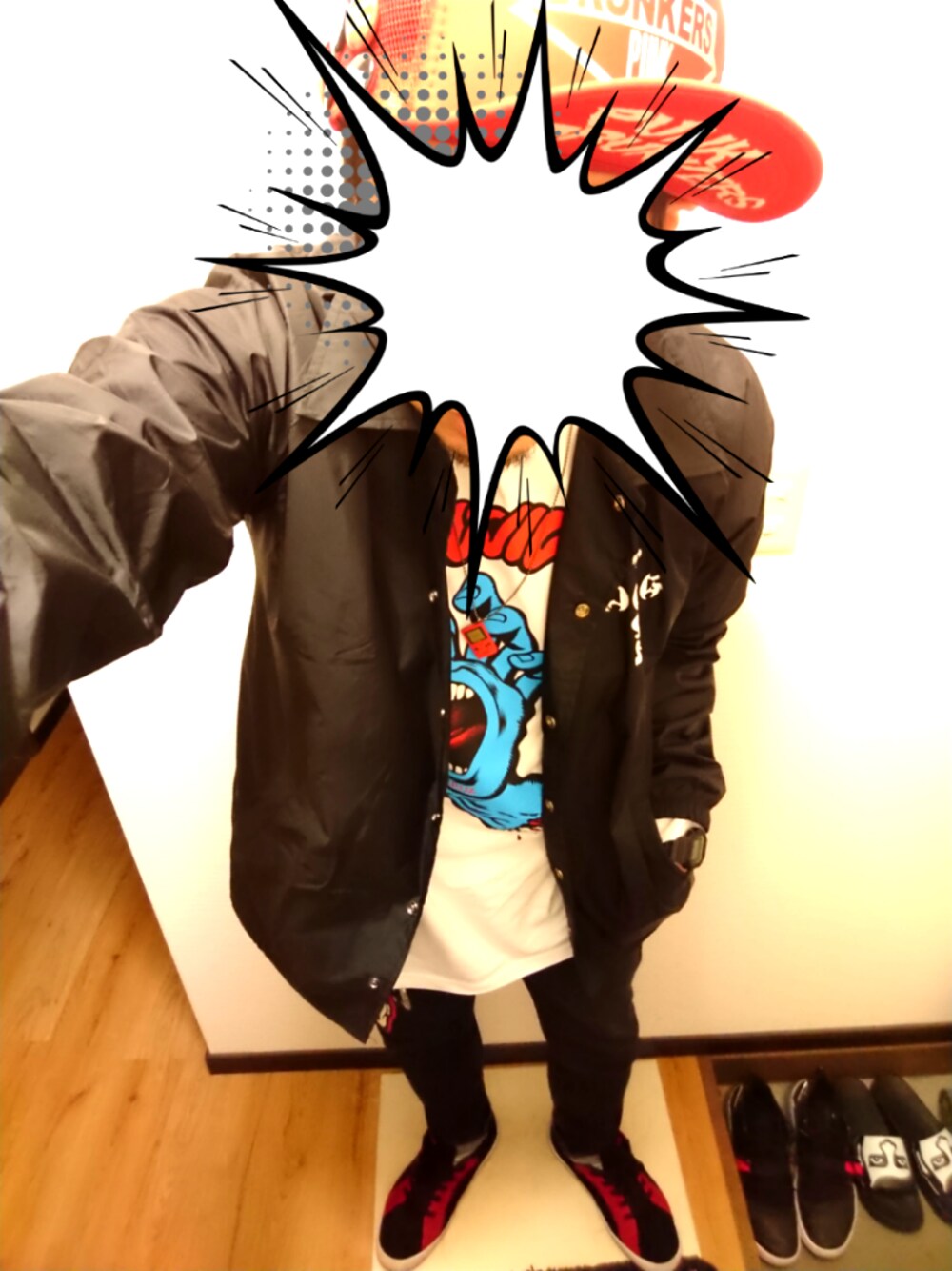 「PUNKDRUNKERS、MXMXM、マモミ、SANTA CRUZ、サンタクルーズ、スクリーミングハンド、DOGTOWN、黒スキニー、コーチジャケット、AIRWALK」｜「PUNK DRUNKERSのアイテム（キャップ、レッド系）」を使った、きのこ＠毒x毒x毒さん（メンズ・180cm）の秋コーディネートの1枚目の写真