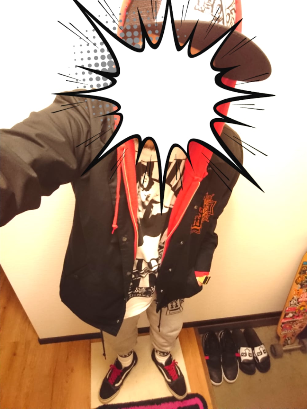 「BOOTCOUTURE、GODGODTOWN、SICARIO、ジャッキーチェン、コーチジャケット、スウェットパンツ、DOGTOWN、ソックスイン、VANS、CASIO、ストリート」｜「BOOTCOUTUREのアイテム（キャップ、ブラック系）」を使った、きのこ＠毒x毒x毒さん（メンズ・180cm）の冬コーディネートの1枚目の写真