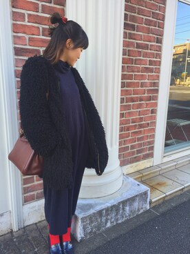 「haco!（ハコ）の＜高橋愛さんコラボ＞ラブ＆ピースプロジェクト　配色遣いのタートルリブニットワンピース（ワンピース）」を使った、おえりさん（レディース・161cm）の冬コーディネート