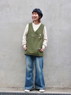 「OVERRIDE」｜「アイテム（スウェット）」を使った、たけむさん（レディース・158cm）の春コーディネート