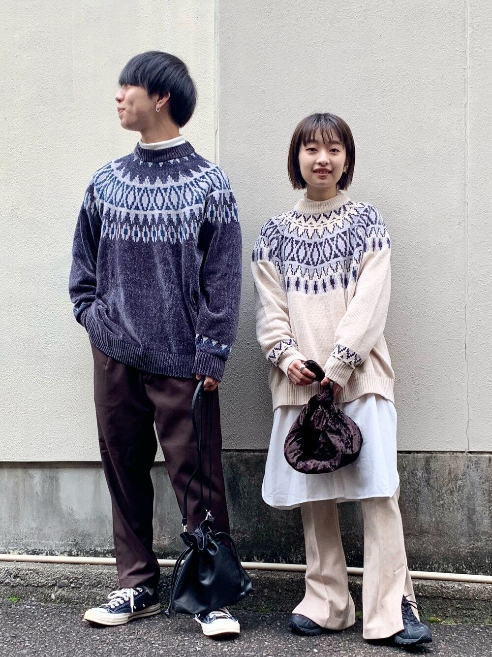「ノルディック柄、JEANASiS、レイヤードスタイル、フレアパンツ、RAGEBLUE、スラックス、タートルネック、おそろいコーデ、シミラールック、低身長コーデ」｜「RAGEBLUEのタートルネックカットソー/917059（Tシャツ/カットソー、ホワイト系）」を使った、おむらいす(rageblue )さん（メンズ・173cm）の冬コーディネートの1枚目の写真