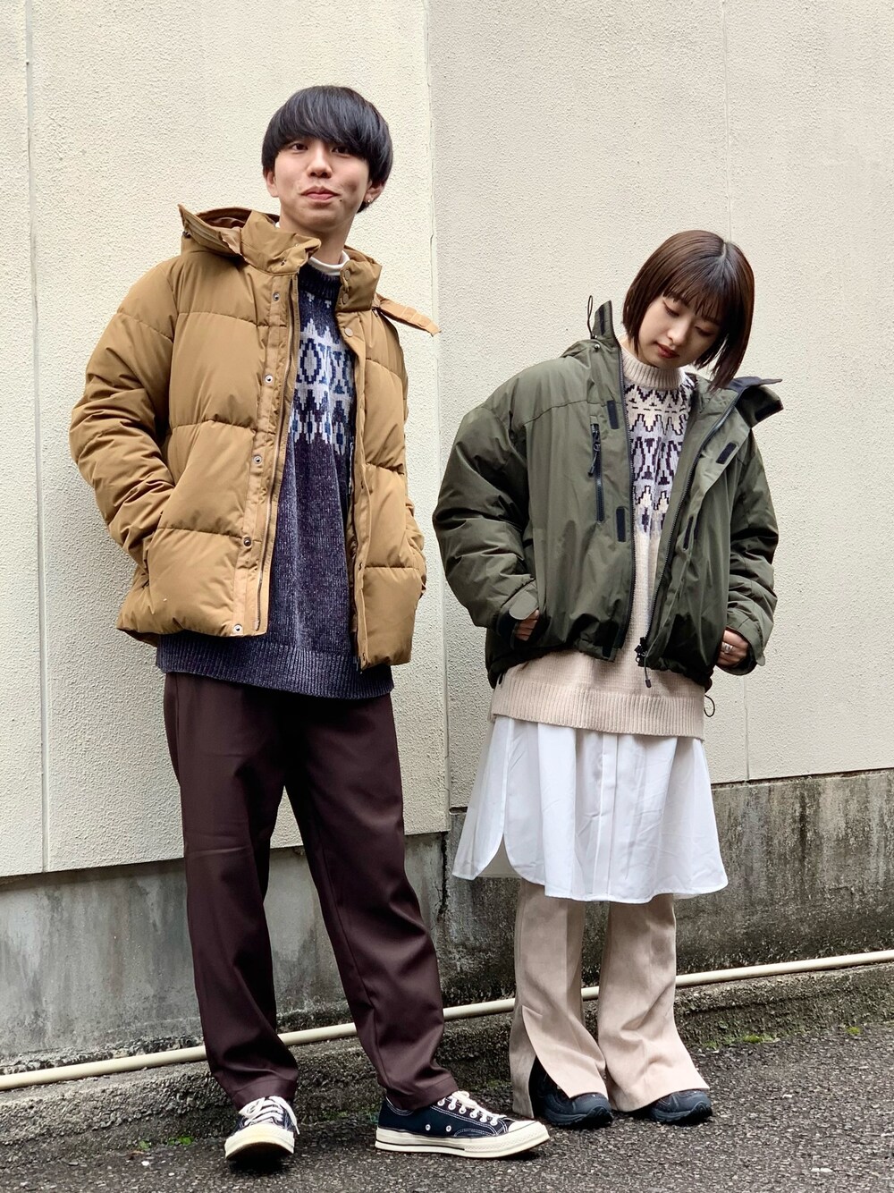 「ノルディック柄、RAGEBLUE、JEANASiS、マウンテンパーカー、ダウンジャケット、ワントーンコーデ、おそろいコーデ、シミラールック、レイヤードスタイル、年末WEAR感謝祭」｜「RAGEBLUEの【AIRTHERMAL/高機能中綿】エアサーマルG2ブルゾン/919379（ダウンジャケット/コート、ベージュ系）」を使った、おむらいす(rageblue )さん（メンズ・173cm）の冬コーディネートの1枚目の写真