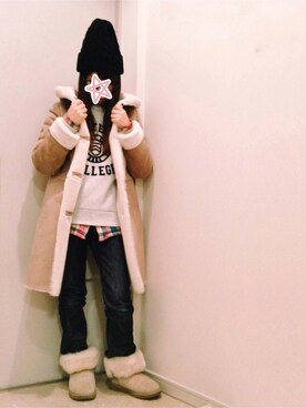 「Ray BEAMS（レイビームス）のアイテム（ムートンコート）」を使った、ne-neさん（レディース・150cm）の冬コーディネート