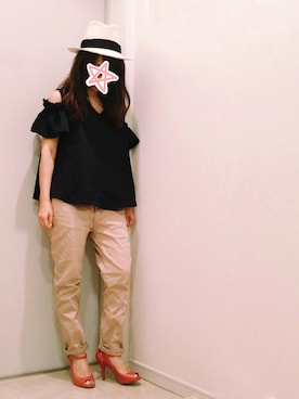 「オープンショルダー」｜「アイテム（帽子）」を使った、ne-neさん（レディース・150cm）の夏コーディネート