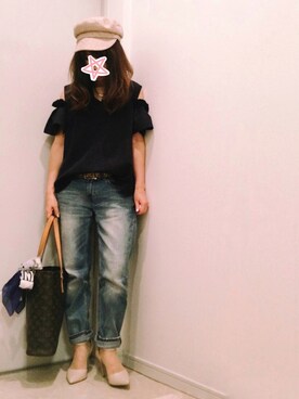 「オープンショルダー」｜「アイテム（帽子）」を使った、ne-neさん（レディース・150cm）の秋コーディネート