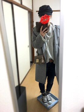 「フードコート」｜「アイテム（キャップ）」を使った、えもさん（レディース・165cm）の冬コーディネート