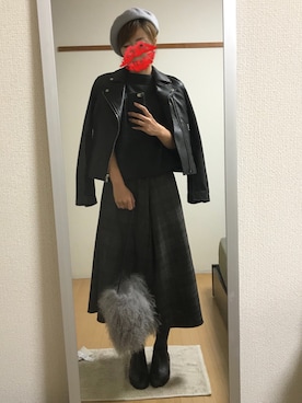 「ベレー帽推奨委員会」｜「アイテム（ライダースジャケット）」を使った、えもさん（レディース・165cm）の秋コーディネート