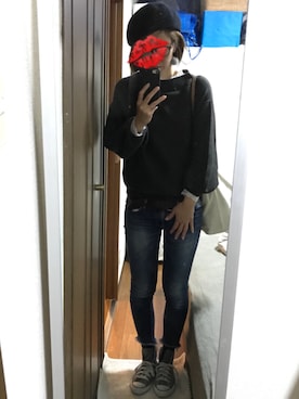 「Ungrid（アングリッド）のインディゴフレイドヘムストスリ（デニムパンツ）」を使った、えもさん（レディース・165cm）の冬コーディネート