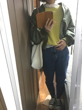 「春ニット」｜「アイテム（MA-1）」を使った、えもさん（レディース・165cm）の冬コーディネート