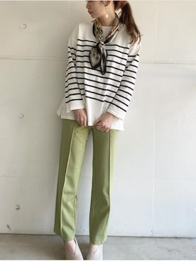 「Green　Parks（グリーンパークス）のパネルボーダープルオーバー＊（Tシャツ/カットソー、ブルー系）」を使った、koyamaaaaaさん（レディース・162cm）の春コーディネート