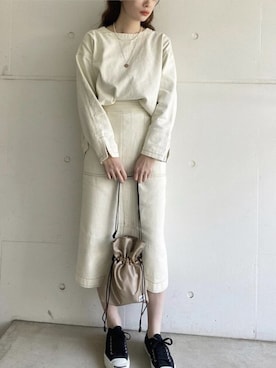 「Green　Parks（グリーンパークス）のキャンパスプルオーバー＊（Tシャツ/カットソー、ホワイト系）」を使った、koyamaaaaaさん（レディース・162cm）の春コーディネート