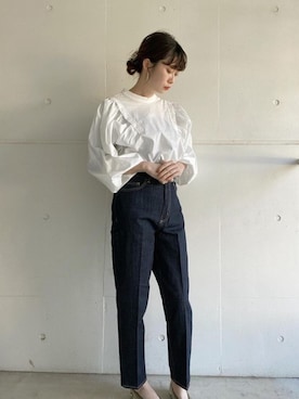 「Green　Parks（グリーンパークス）の・novem9 ショルダータックブラウス＊（シャツ/ブラウス、ホワイト系）」を使った、koyamaaaaaさん（レディース・162cm）の春コーディネート