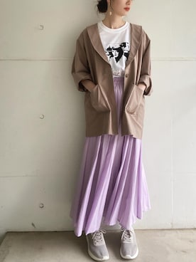 「Green　Parks（グリーンパークス）のベルギーリネンブレンド　セーラージャケット＊（その他アウター、ブラウン系）」を使った、koyamaaaaaさん（レディース・162cm）の春コーディネート