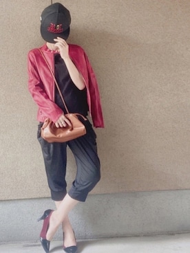 「アイテム（ライダースジャケット、レッド系）」を使った、A☆Fさん（レディース・153cm）の秋コーディネート