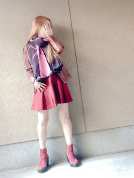 「アイテム（ライダースジャケット、レッド系）」を使った、A☆Fさん（レディース・153cm）の秋コーディネート