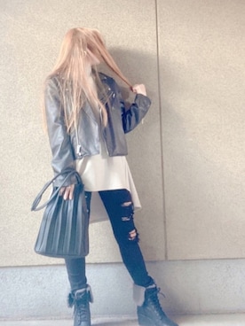 「レースアップシューズ」｜「アイテム（ライダースジャケット）」を使った、A☆Fさん（レディース・153cm）の冬コーディネート