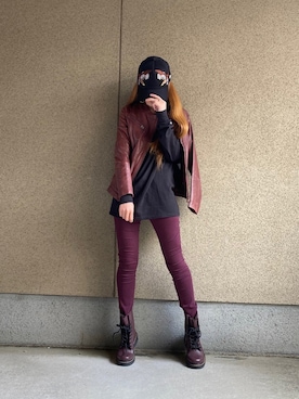 「アイテム（ライダースジャケット、レッド系）」を使った、A☆Fさん（レディース・153cm）の春コーディネート