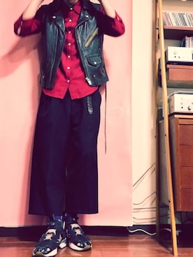 「坊主」｜「アイテム（ライダースジャケット）」を使った、鬼澤駿天【boucle】さん（メンズ・172cm）の春コーディネート