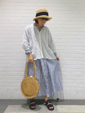 「むぎわら帽子」｜「アイテム（シャツワンピース）」を使った、kaniさん（レディース・155cm）の春コーディネート