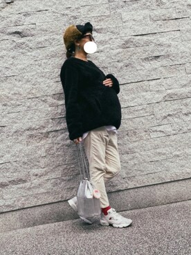 「UNIQLO（ユニクロ）のフリースプルオーバー（長袖）（Tシャツ/カットソー、ブラック系）」を使った、iam-.-maiさん（レディース・159cm）の秋コーディネート