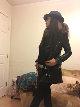 「DRWCYS（ドロシーズ）のアイテム（ライダースジャケット）」を使った、みーにゃさん（レディース・159cm）の冬コーディネート