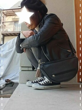 「SLOBE IENA」｜「アイテム（ライダースジャケット）」を使った、h.tさん（レディース・153cm）の春コーディネート