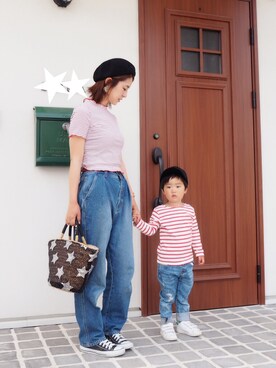 「お揃い」｜「アイテム（ハンチング/ベレー帽）」を使った、minatoさん（キッズ・90cm）の春コーディネート