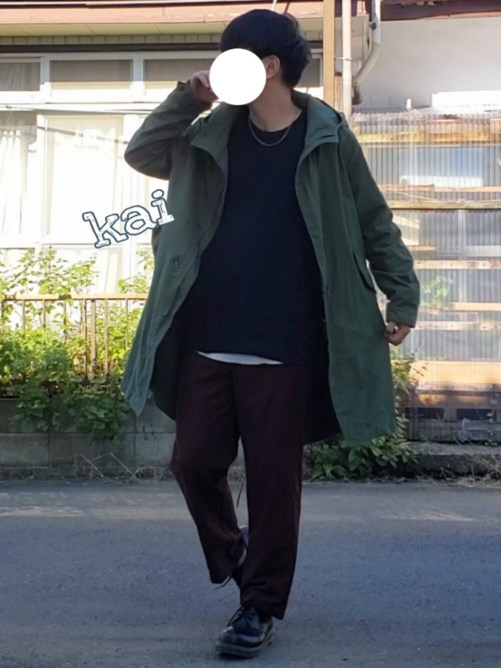 「やっぱりストリートが好き、モード、秋冬コーデ、レイヤードスタイル、アースカラー、大学生、大人カジュアル、モッズコート、カーキ、いいね、save、フォローお願いします🤑」｜「Right-onのアイテム（モッズコート、グリーン系）」を使った、Kaiさん（メンズ・173cm）の秋コーディネートの1枚目の写真