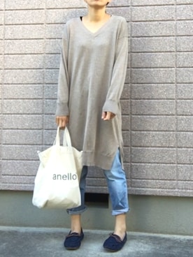 「ハイウエストストレートジーンズ」｜「アイテム（モカシン/デッキシューズ）」を使った、みちるさん（レディース・165cm）の秋コーディネート