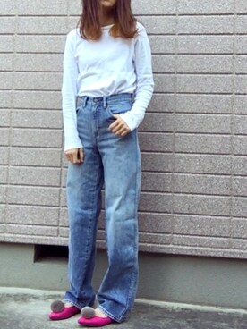 「UNIQLO（ユニクロ）のハイライズワイドストレートジーンズ（デニムパンツ）」を使った、みちるさん（レディース・165cm）の冬コーディネート