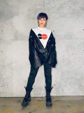 「BALENCIAGA」｜「アイテム（ライダースジャケット）」を使った、Joycechangさん（レディース・163cm）の春コーディネート